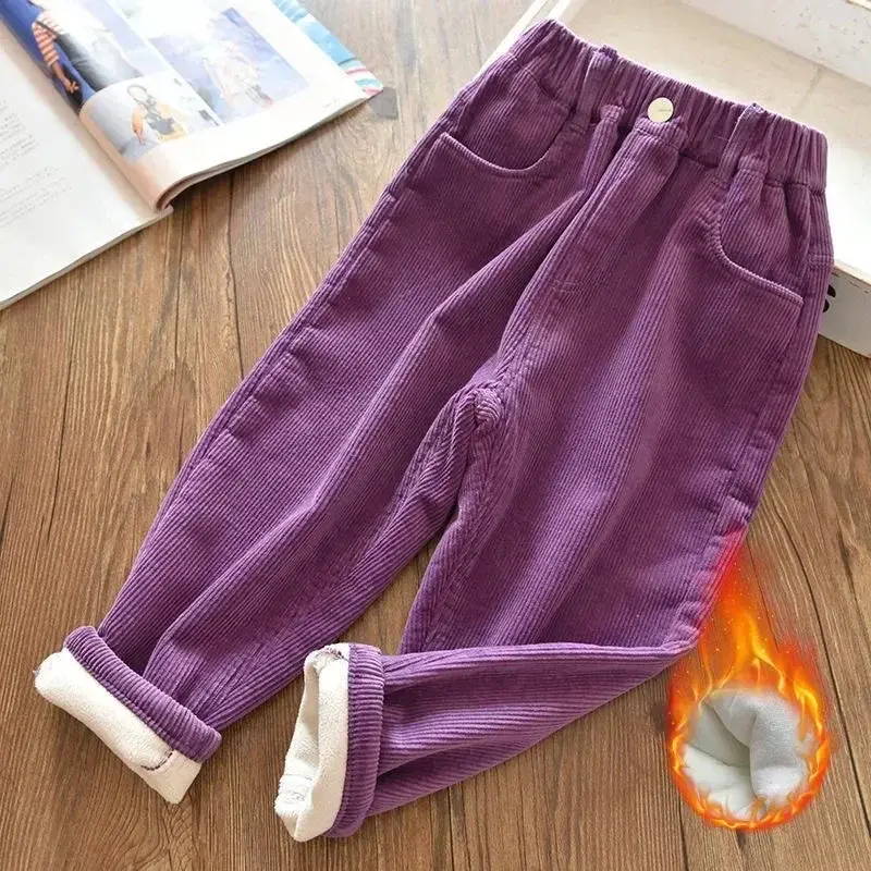 Girls Corduroy Pants Winter Warm Fleece-Lined Thickened Trousers 2025 New Design Fashionable Cold-Weather Clothing for Ages 2-8