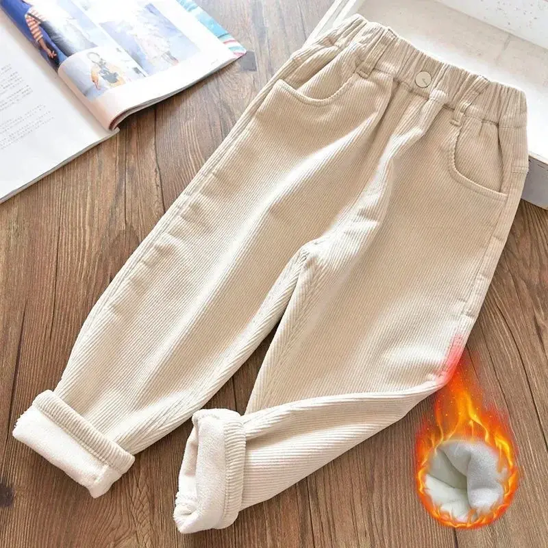 Girls Corduroy Pants Winter Warm Fleece-Lined Thickened Trousers 2025 New Design Fashionable Cold-Weather Clothing for Ages 2-8