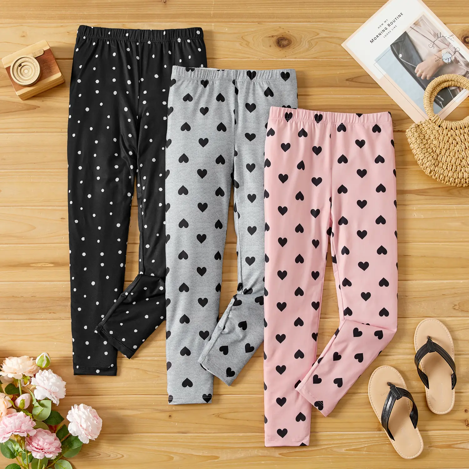 PatPat Eco-friendly RPET Fabric Toddler/Kid Girl Heart Print/Polka dots Elasticized Leggings