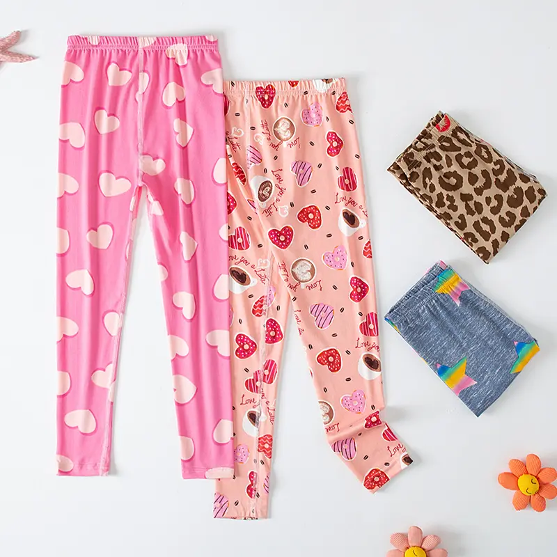 2/4 Pcs Children's Mix And Match Love Printed Leggings Girls Casual Joker Slim 9 Pants Fashion Elastic Waist Valentine's Day Pan