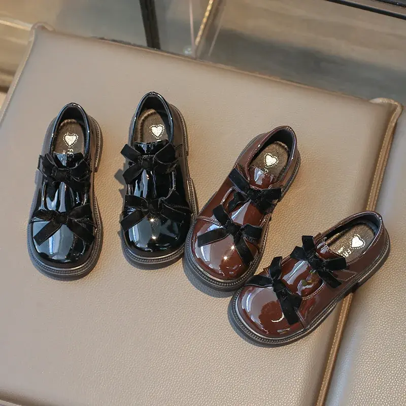 Chic Girls Black Mary Jane Shoes with Double Bowknot Spring Autumn Kids Princess Leather Shoe Fashion Causal Children Flat Shoes