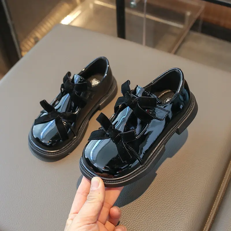 Chic Girls Black Mary Jane Shoes with Double Bowknot Spring Autumn Kids Princess Leather Shoe Fashion Causal Children Flat Shoes