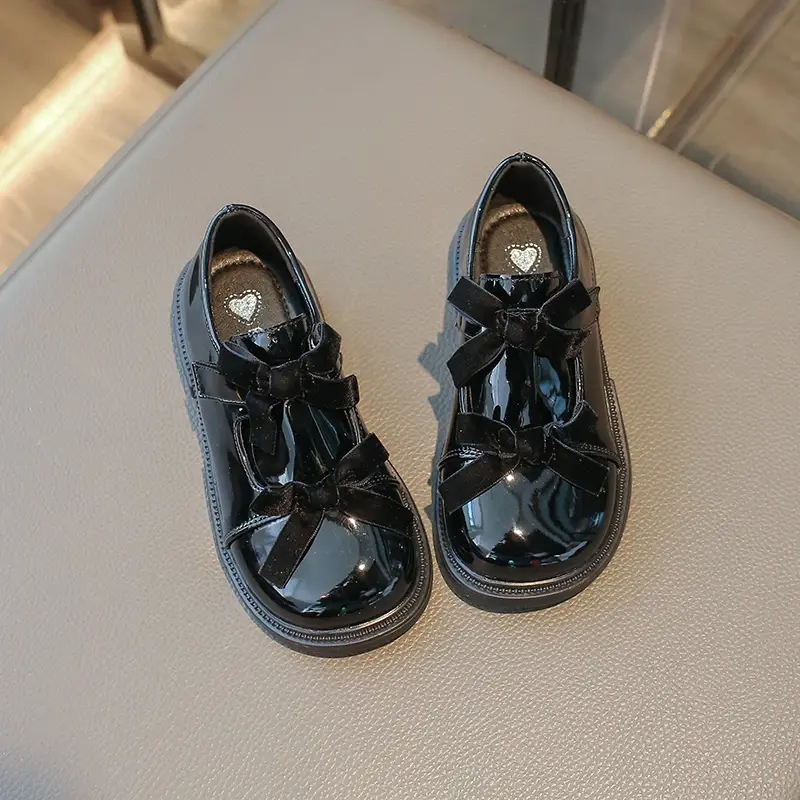 Chic Girls Black Mary Jane Shoes with Double Bowknot Spring Autumn Kids Princess Leather Shoe Fashion Causal Children Flat Shoes