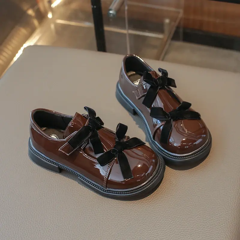 Chic Girls Black Mary Jane Shoes with Double Bowknot Spring Autumn Kids Princess Leather Shoe Fashion Causal Children Flat Shoes