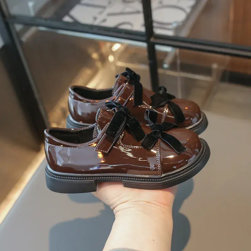 Chic Girls Black Mary Jane Shoes with Double Bowknot Spring Autumn Kids Princess Leather Shoe Fashion Causal Children Flat Shoes