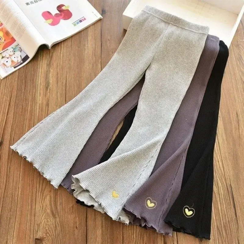 Kids Girls Flare Legging 2025 New Arrival Children Casual Elastic Pants Heart Embroidery Slim Fit Leggins Baby Girl Summer Pants