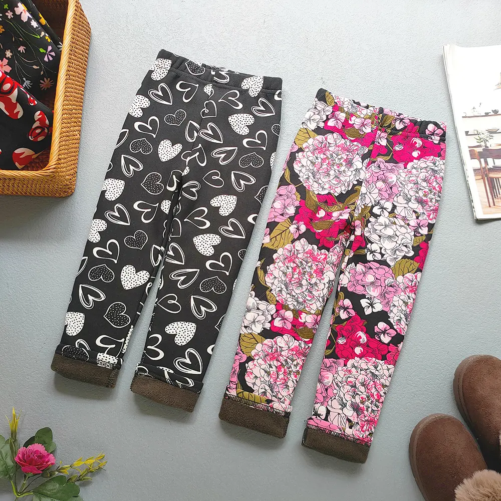 Kids Clothing Autumn Winter Plus Velvet Leggings Girls Flower Print Thick Warm Trousers Korean Baby Girl Slim Pant Children
