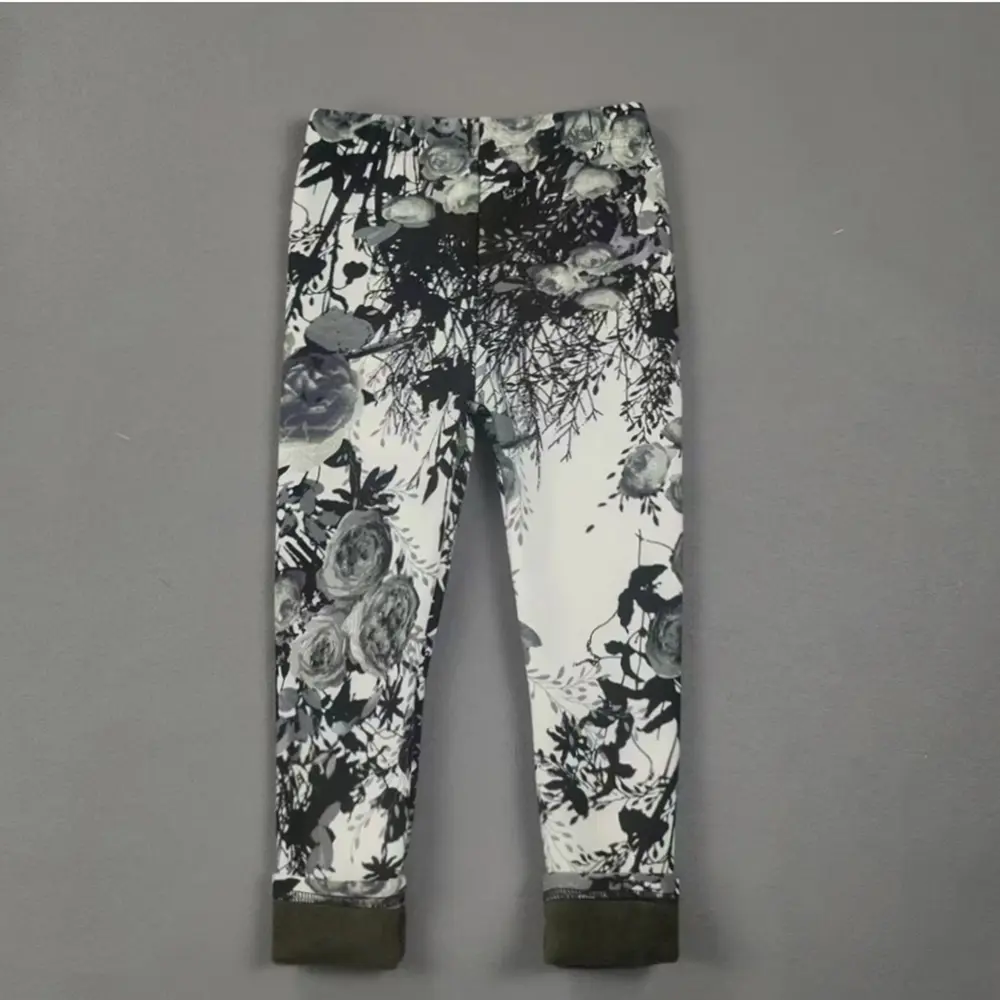 2-11Y Girls' Pants Autumn and Winter Slim Fit Warm Bottom Pants Thickened Velvet Printed Children's Pants Baby Casual Pants