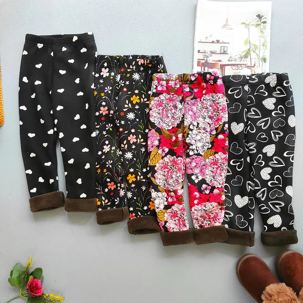 Kids Clothing Autumn Winter Plus Velvet Leggings Girls Flower Print Thick Warm Trousers Korean Baby Girl Slim Pant Children