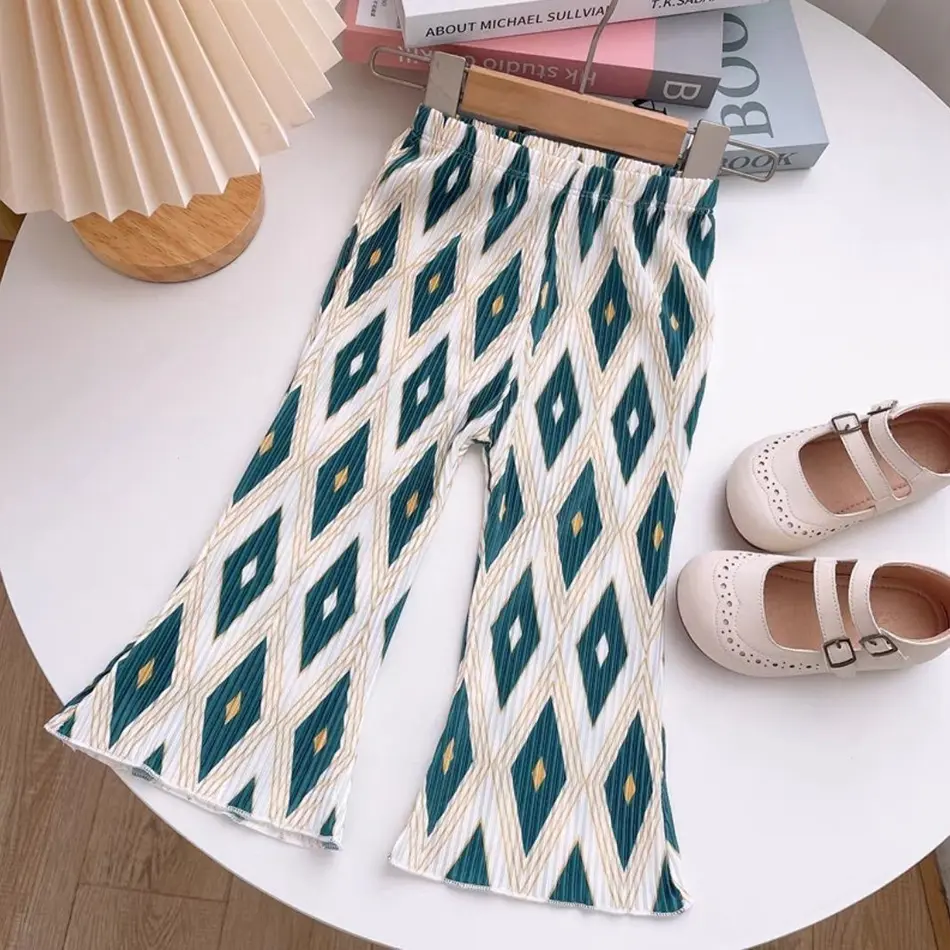 Chic and Comfortable Girls Lightweight Floral Polka Dot Bell Bottom Pants with Flared Hem Suitable for Summer Days and Evenings