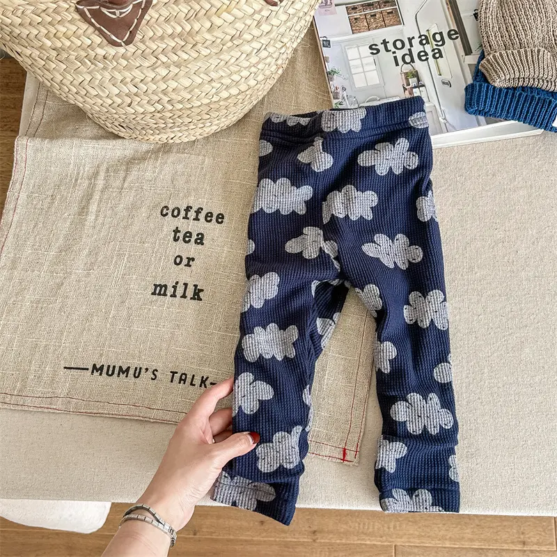 Autumn Winter Baby Plus Velvet Thicken Leggings Girl Children Retro Flower Print Fleece Warm Casual Pants Kid Boy Cotton Trouser