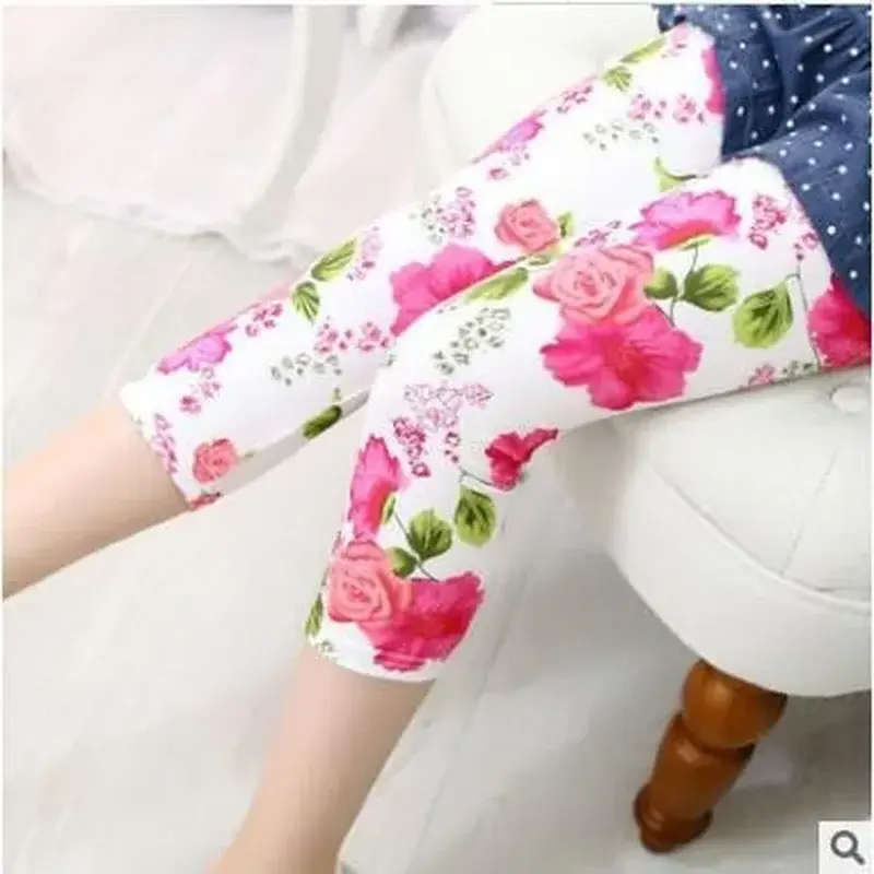 Girls Leggings Summer Children Skinny Pants Elastic Silk Breathable Causal Pencil Pants Flower Print Kids Leggings Girl Capris