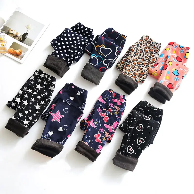 Girls Fleece-lined Pants Autumn/winter Style Children's Printingslims Smooths Silhouette Warm Pants Middle Kids Outerwear