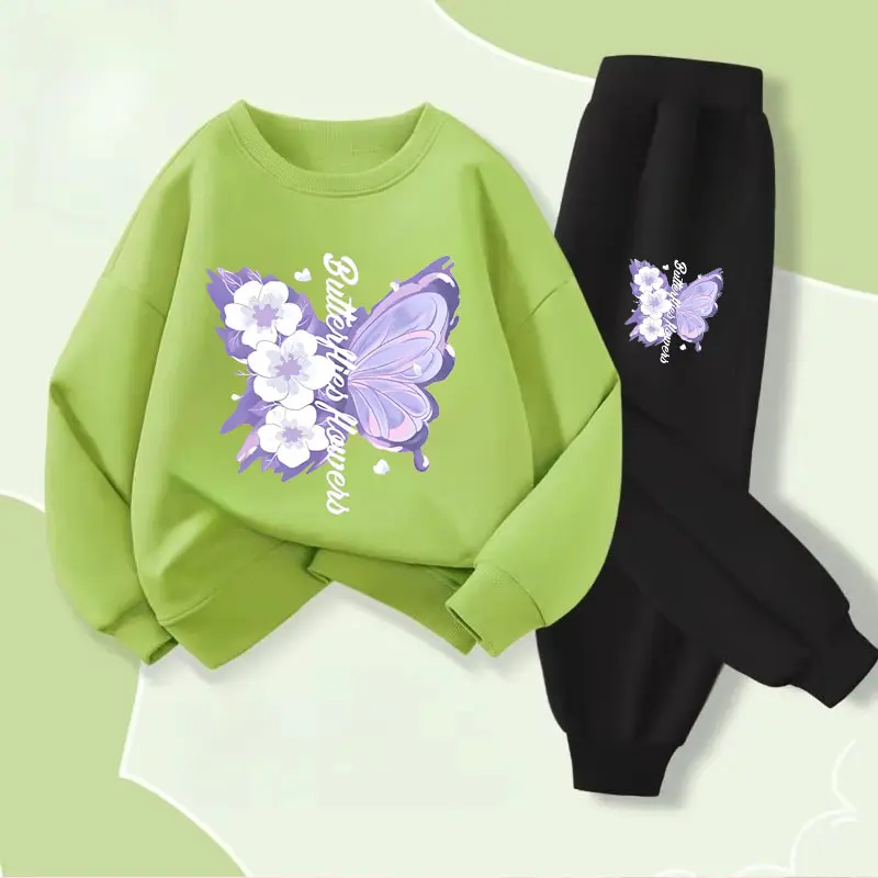 Spring Long Sleeved Top Long Pants Two Piece Sets for Girls Elegant Butterfly Printed Hoodies Suit Children's Outfits Tracksuit