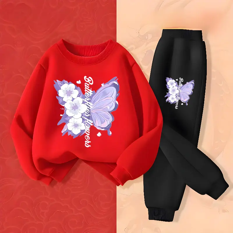 Spring Long Sleeved Top Long Pants Two Piece Sets for Girls Elegant Butterfly Printed Hoodies Suit Children's Outfits Tracksuit