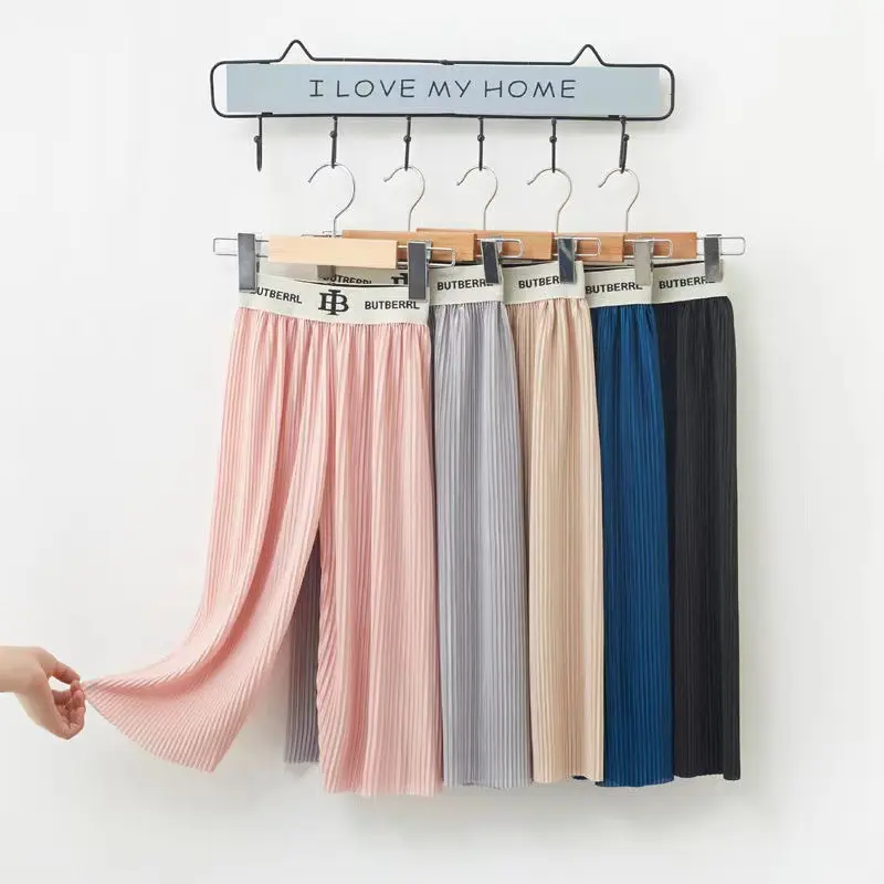 Baby Girl Fashion High Waist Wide Leg Pants Children's Letter Patchwork Clothes Summer Ice Silk Sport Trousers Teenage Pants