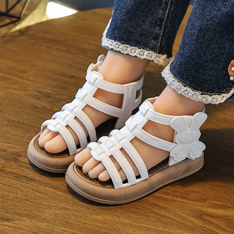 2025 Summer New Girls Soft Bottom Sandals Fashion Retro Carttoon Rabbit Hollow Roman Casual Shoes Open-toe  Princess Beach Shoes