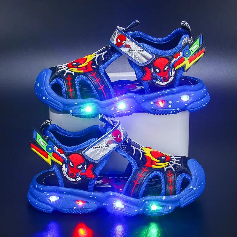 2025 New Children's Disney LED Sport Sandals Summer Cartoon Spiderman Sandals for Boys Casual Beach Shoes Soft Sole Kids Shoes