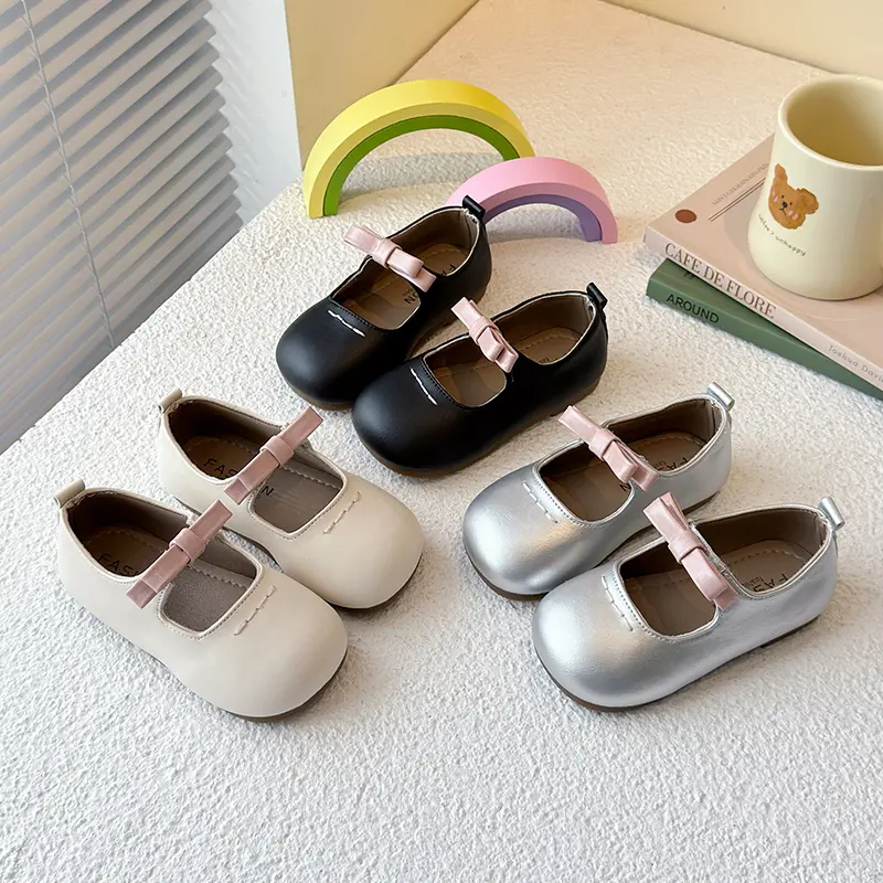 Girls Leather Shoes Round Toes Soft Sole Kids Princess Shoes Simple Bows 2025 New Children Flat Non-slip Ins Trend Elegant Shoes
