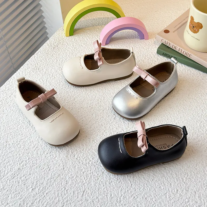 Girls Leather Shoes Round Toes Soft Sole Kids Princess Shoes Simple Bows 2025 New Children Flat Non-slip Ins Trend Elegant Shoes