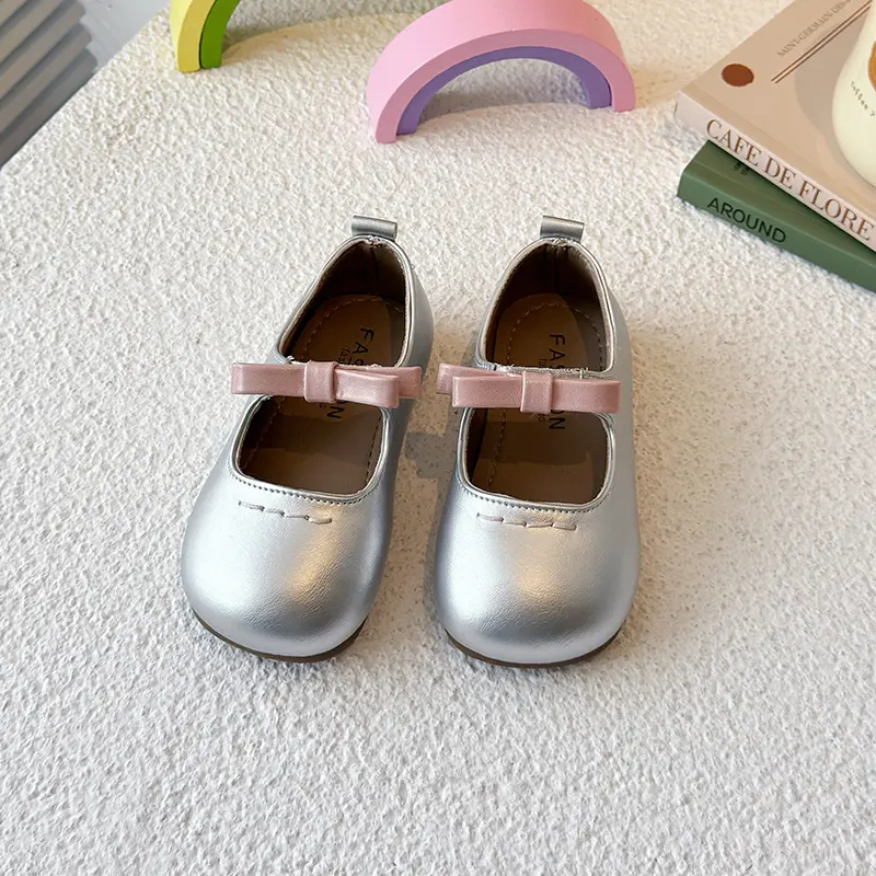 Girls Leather Shoes Round Toes Soft Sole Kids Princess Shoes Simple Bows 2025 New Children Flat Non-slip Ins Trend Elegant Shoes