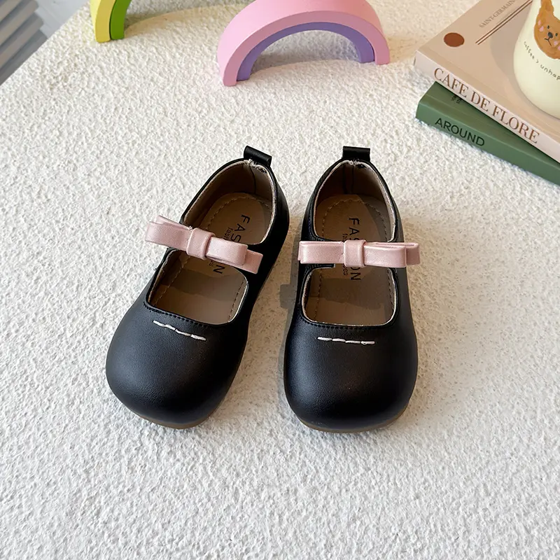 Girls Leather Shoes Round Toes Soft Sole Kids Princess Shoes Simple Bows 2025 New Children Flat Non-slip Ins Trend Elegant Shoes