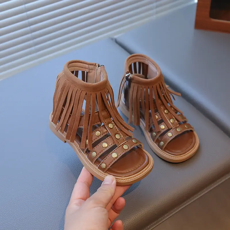 Kids Gladiator Shoes for Girls 2025 Summer Non-slip High Top Toddler Roman Sandals Cute Tassels Retro Comfort Beach Shoes