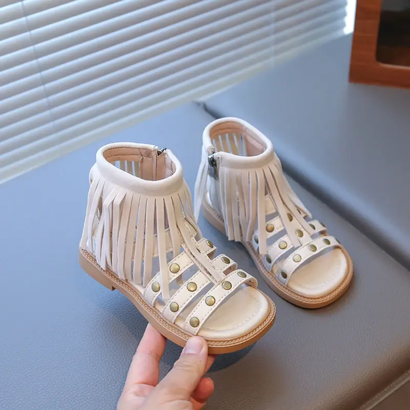 Kids Gladiator Shoes for Girls 2025 Summer Non-slip High Top Toddler Roman Sandals Cute Tassels Retro Comfort Beach Shoes