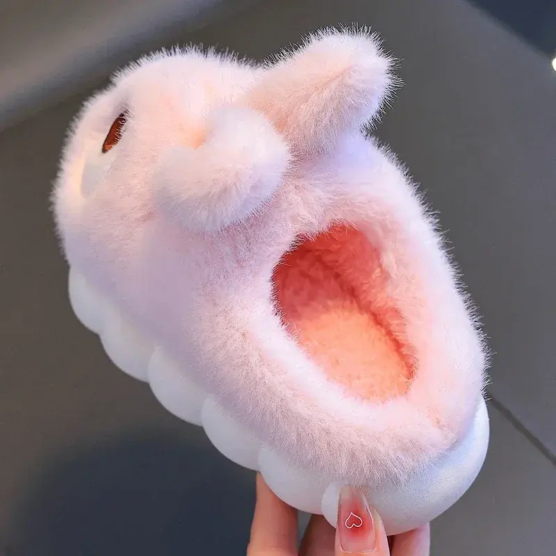 New Winter Cute Big eyed Rabbit Children's Waterproof Warm Non-slip Fluffy Slippers For Girls Boys Kids Indoor Home Cotton Shoes