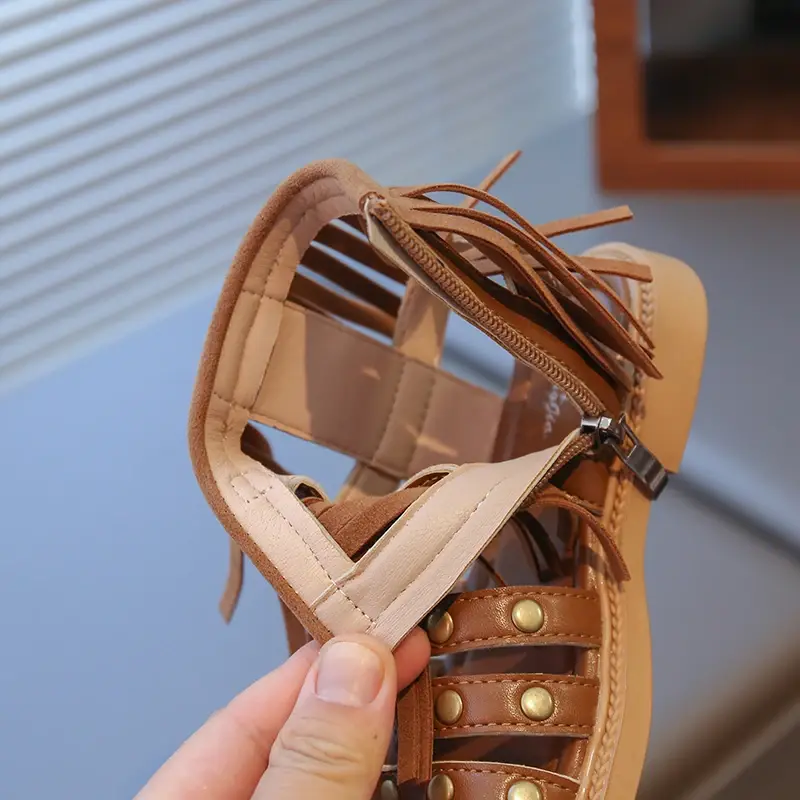 Kids Gladiator Shoes for Girls 2025 Summer Non-slip High Top Toddler Roman Sandals Cute Tassels Retro Comfort Beach Shoes