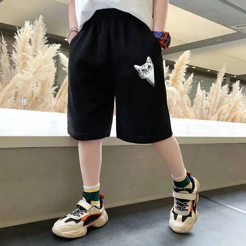 Boys Summer Cotton Shorts with Elastic Waist Cute Cat Print Sports Pants Half Pants for Toddlers Kids Comfortable Sweatpants