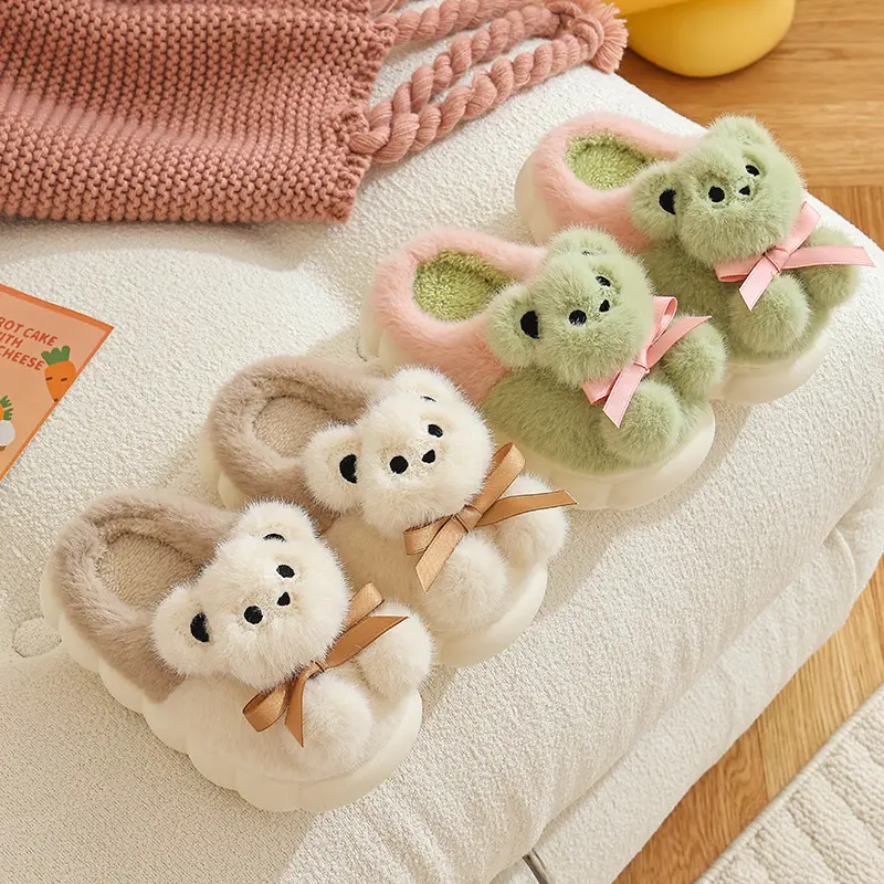 Kids Winter Plush Slippers Girls Warm Thickened Cotton Non Slip Cartoon Bear Fuzzy House Shoes Mother Daughter Pair