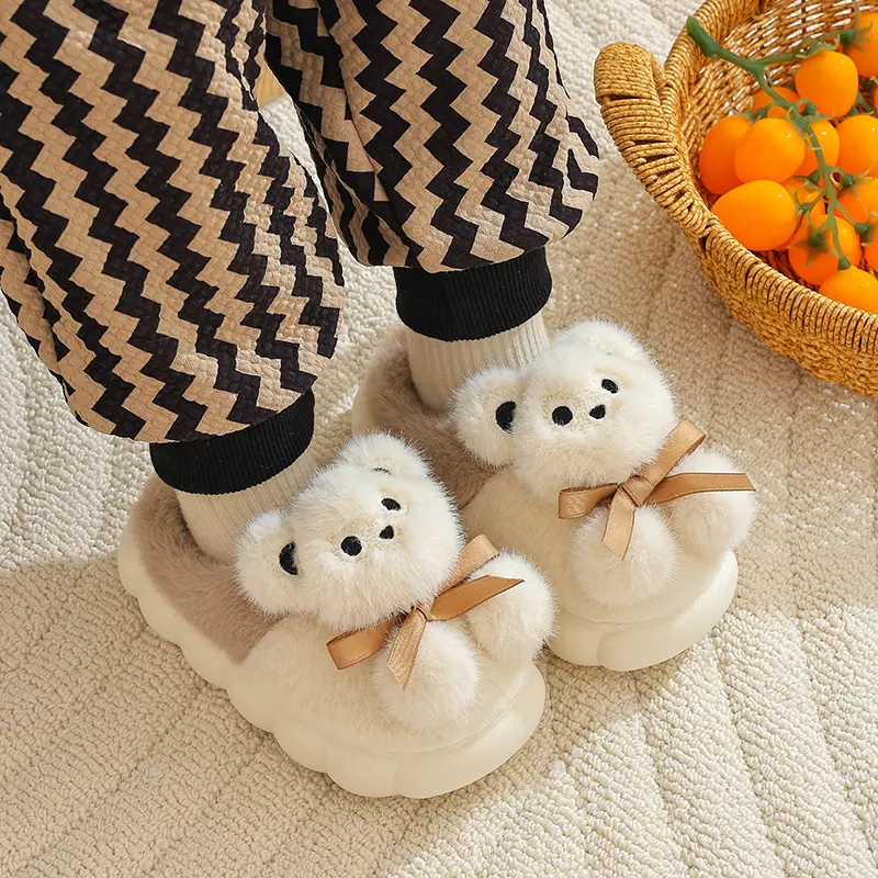 Kids Winter Plush Slippers Girls Warm Thickened Cotton Non Slip Cartoon Bear Fuzzy House Shoes Mother Daughter Pair