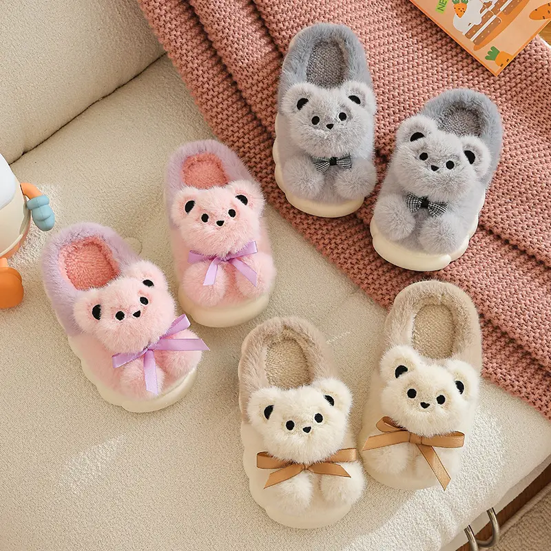 Kids Winter Plush Slippers Girls Warm Thickened Cotton Non Slip Cartoon Bear Fuzzy House Shoes Mother Daughter Pair