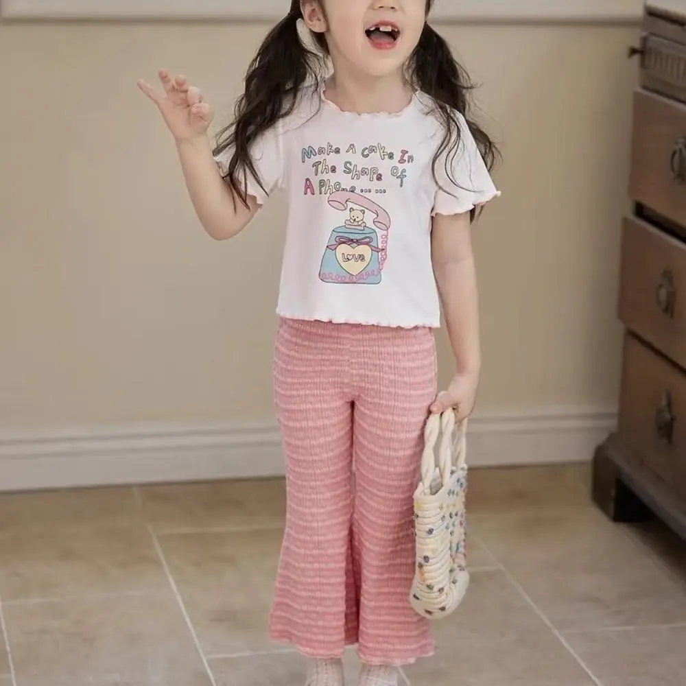 Summer New Solid Color Striped Flared Pants Korean Version Fashionable Casual Base Versatile Daily Girls' Clothes 3-6 Years Old
