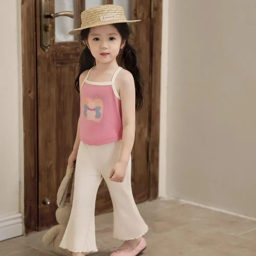 Summer New Solid Color Striped Flared Pants Korean Version Fashionable Casual Base Versatile Daily Girls' Clothes 3-6 Years Old