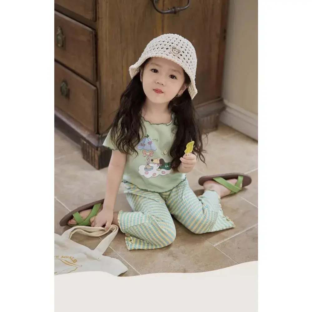 Summer New Solid Color Striped Flared Pants Korean Version Fashionable Casual Base Versatile Daily Girls' Clothes 3-6 Years Old
