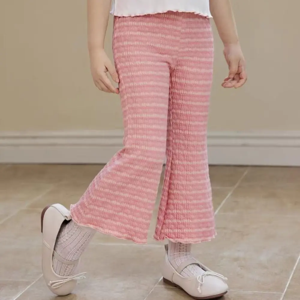 Summer New Solid Color Striped Flared Pants Korean Version Fashionable Casual Base Versatile Daily Girls' Clothes 3-6 Years Old