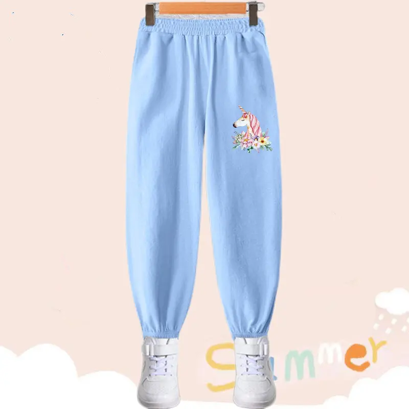 Girls Flower Unicorn Anti-Mosquito Thin Harem Pants Summer Cotton Trousers Kids Pajama Pants Children's Wear