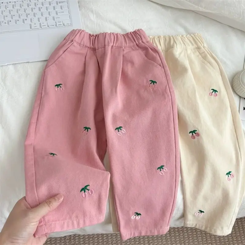 Spring Autumn Sweet Children Pants Cherry Embroidery Girls Casual Trousers Children's Fashion Loose Fit Kids Clothing Baby Girls