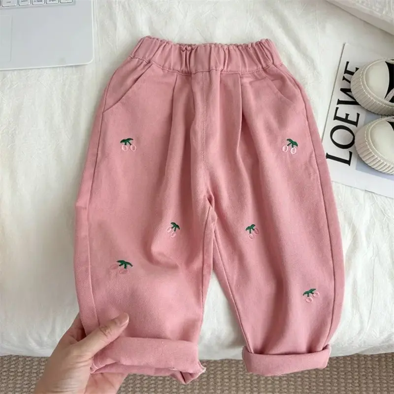 Spring Autumn Sweet Children Pants Cherry Embroidery Girls Casual Trousers Children's Fashion Loose Fit Kids Clothing Baby Girls