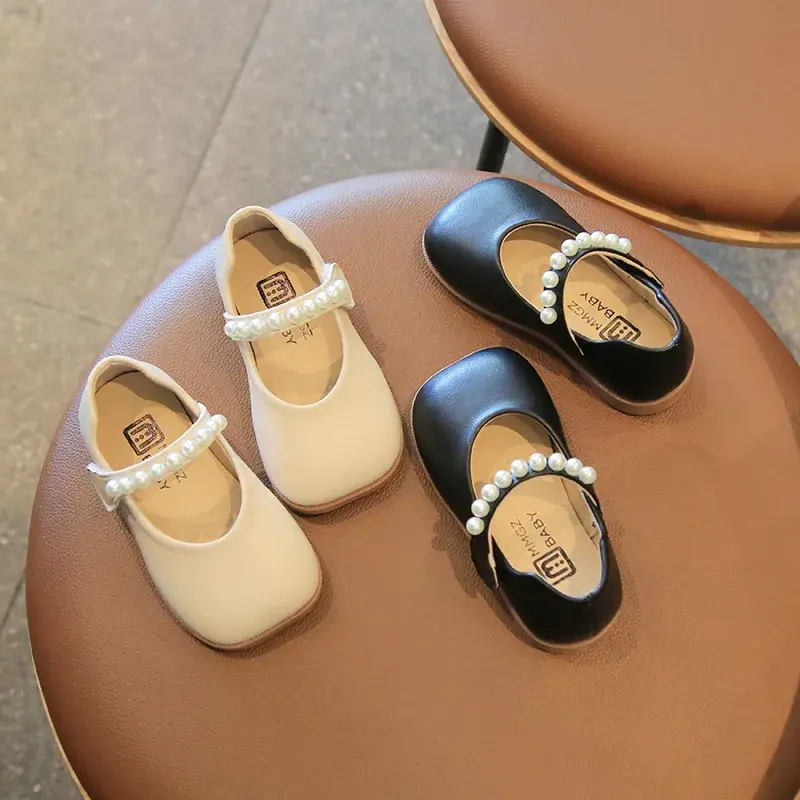 New Fashion Square Toe Luxury Designer Shoes for Girls Kids Classic Black Beige Leather Toddler Shoes Princess mary janes I07094