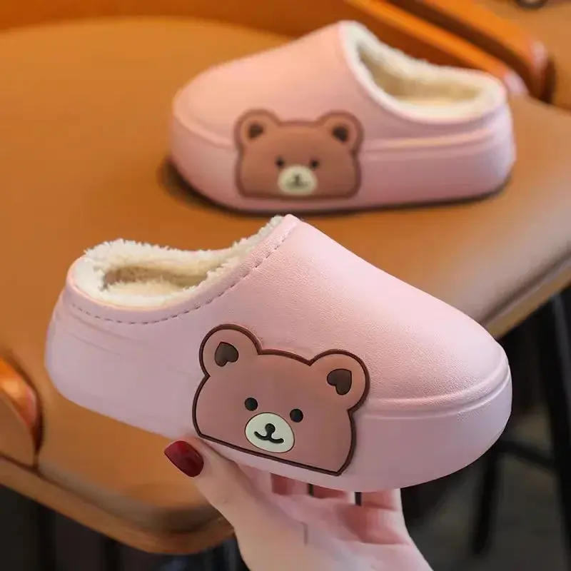 New Waterproof and Anti Slip Thick Soled Children's Cotton Slippers with Velvet Autumn and Winter Leather Surface Cotton Shoes