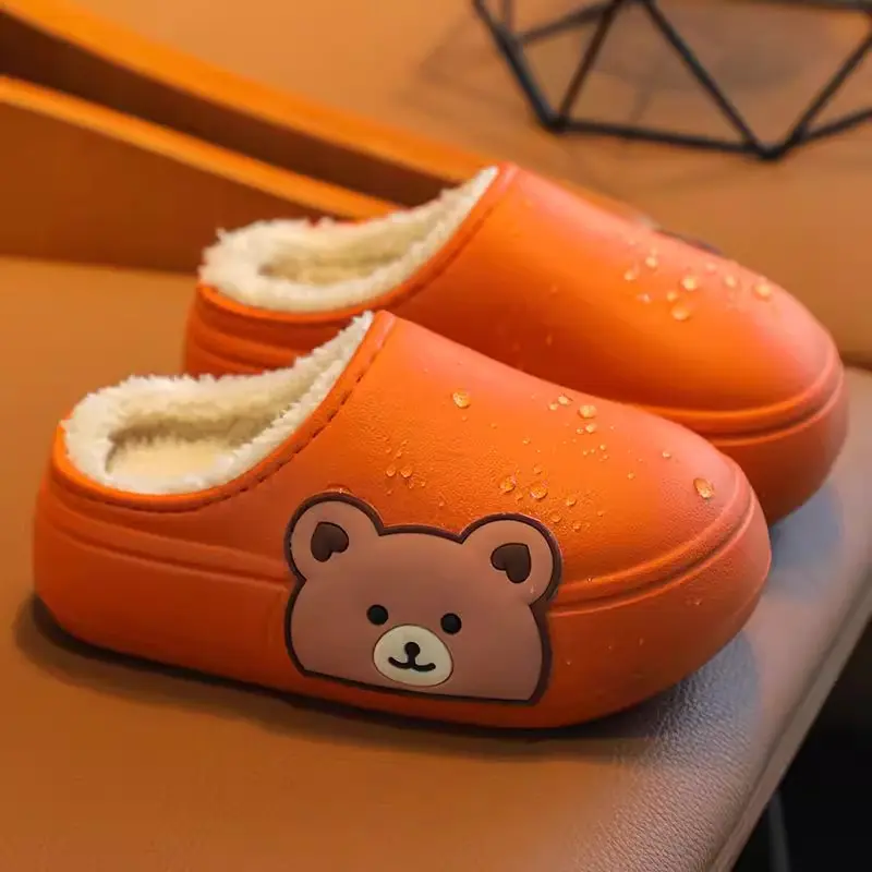 New Waterproof and Anti Slip Thick Soled Children's Cotton Slippers with Velvet Autumn and Winter Leather Surface Cotton Shoes
