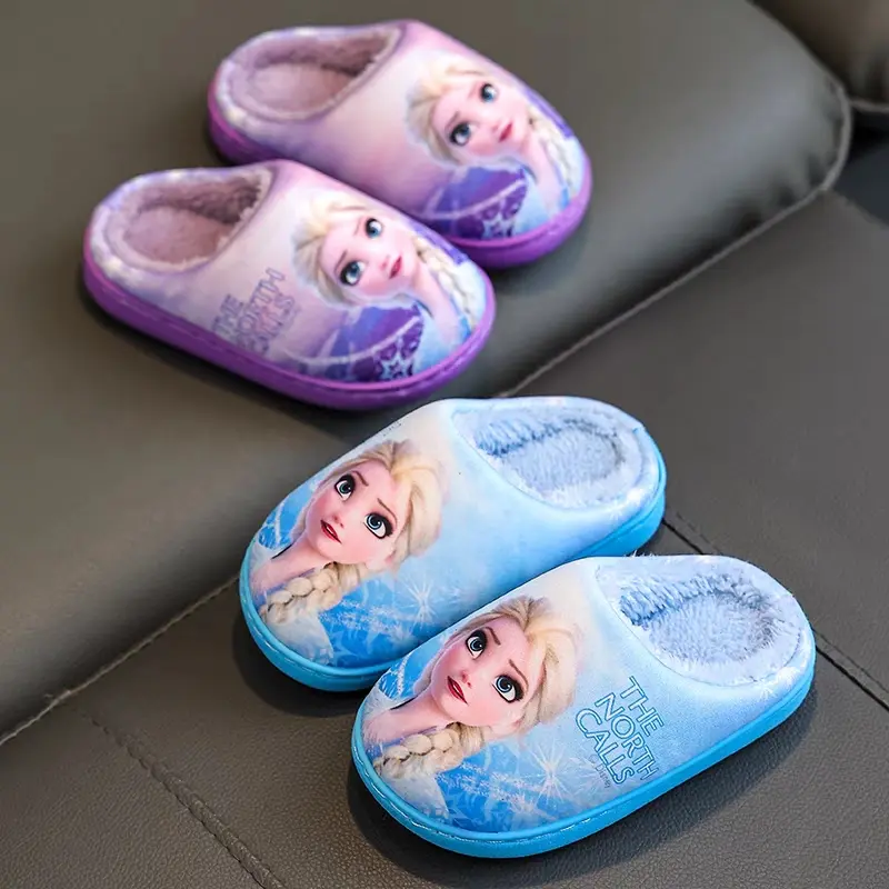 Autumn Winter Warm Indoor Cotton Slippers For Girls Shoes Cartoon Cute Disney Elsa Princess Kids Soft Sole Non-slip Slippers