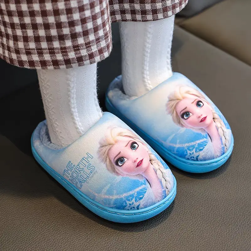 Autumn Winter Warm Indoor Cotton Slippers For Girls Shoes Cartoon Cute Disney Elsa Princess Kids Soft Sole Non-slip Slippers