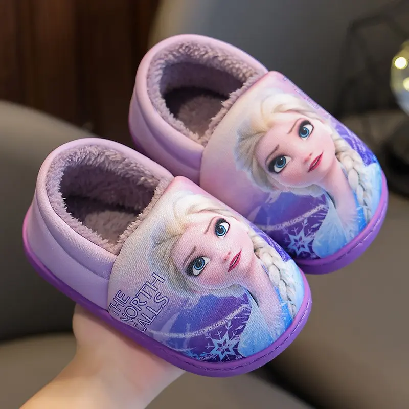 Autumn Winter Warm Indoor Cotton Slippers For Girls Shoes Cartoon Cute Disney Elsa Princess Kids Soft Sole Non-slip Slippers