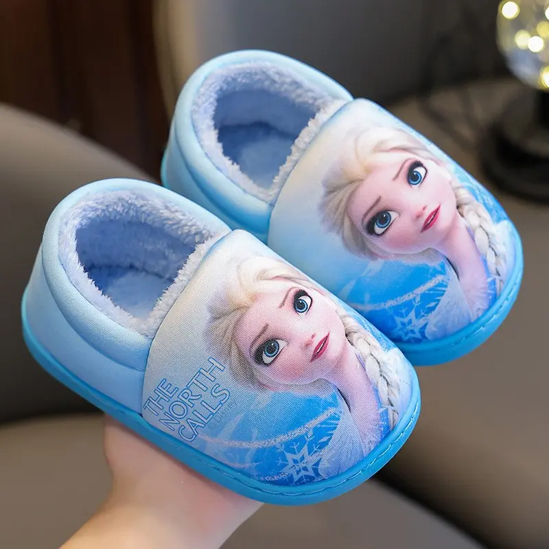 Autumn Winter Warm Indoor Cotton Slippers For Girls Shoes Cartoon Cute Disney Elsa Princess Kids Soft Sole Non-slip Slippers