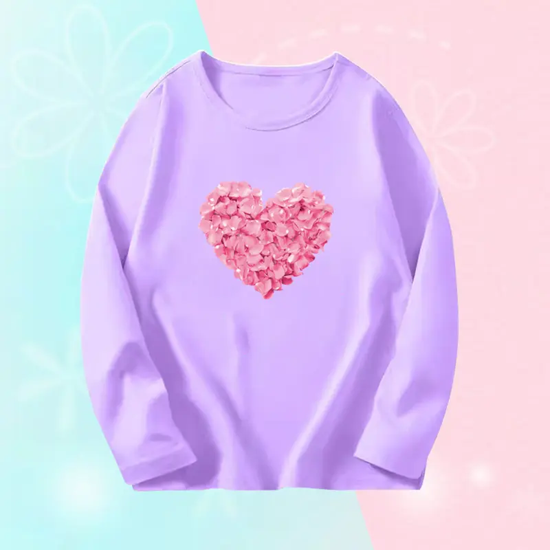 Little Girl's Pink Long Sleeve T-Shirts Autumn Cute Flower Heart Graphic Tee Tops Kids Sweet Little Girl Clothing