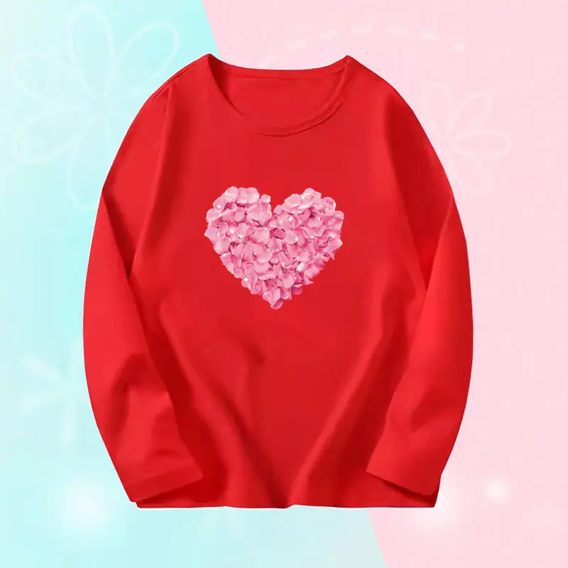 Little Girl's Pink Long Sleeve T-Shirts Autumn Cute Flower Heart Graphic Tee Tops Kids Sweet Little Girl Clothing